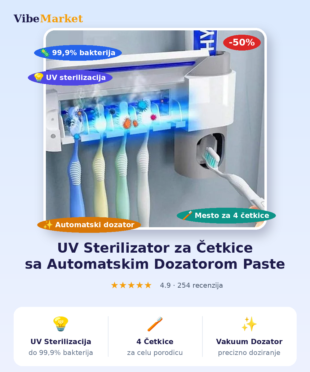 UV Sterilizator i Zidni Držač za Četkice sa Dozatorom Paste